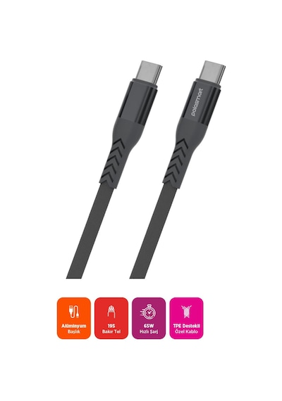 Polosmart Pbs421 Hızlı 65w Type-c To Type-c Şarj Ve Data Kablosu 1.2 Metre Gri