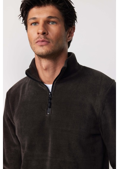 Tudors Erkek Dik Yaka Tüylenme Yapmayan Soğuk Geçirmez Standart Fit Rahat Kesim Füme Polar Sweatshirt-30136-füme Füme