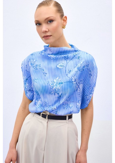 Sateen Kısa Kollu Desenli Bluz - Mavi-137043 Mavi