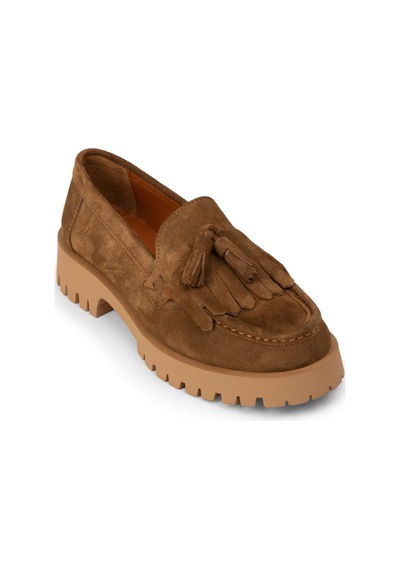 Deery Kadın Hakiki Süet Taba Renkli Püsküllü Loafer - 02033ztbac01
