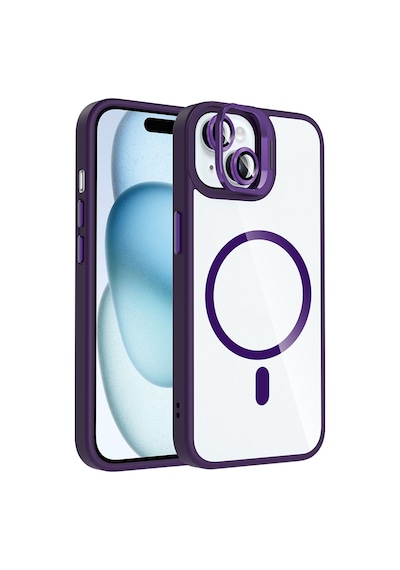 Apple iPhone Uyumlu 15 Kılıf Standlı + Kamera Lens Koruma Setli M-safe Şarj Özellikli Mkst Etro Kapak Derin Mor Derin Mor