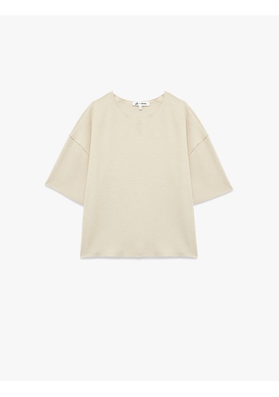 Koton Kısa Kollu Bisiklet Yaka Basic Oversize Tişört Bej 6wal10190ık Ekru