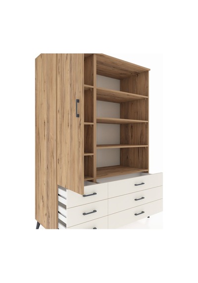 Kronos Dolap 8 Raflı 6 Çekmeceli Tek Kapaklı 132x59x195 Çam-... Çam