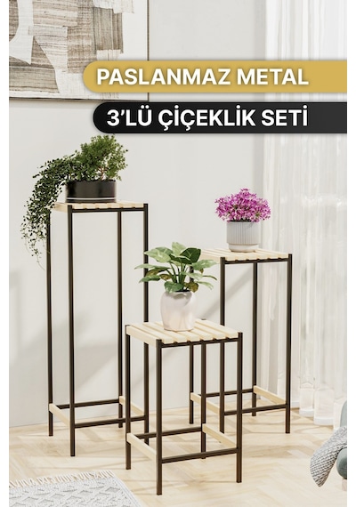Bino Çiçeklik 3 Lü Set Ahşap Saksılık Dekoratif Lüks Bahçe Mobilyası Saksı Standı Bahçe Balkon Rafı