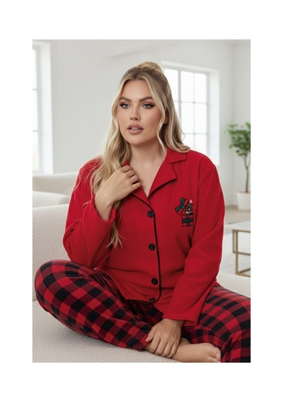 Siyah İnci Geyik Nakışlı Ekoseli Büyük Beden Polar Kışlık Örme Pijama Takım Kırmızı