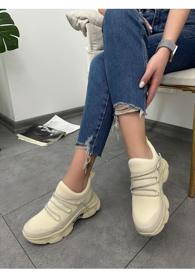 Erva'nın Butiği Bej Dore Kadın Gizli Topuklu Bağcıklı Sneakers-5263