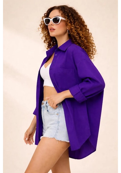 Rouge Basıc Oversize Keten Dokulu %100 Pamuk Salaş Gömlek Mor