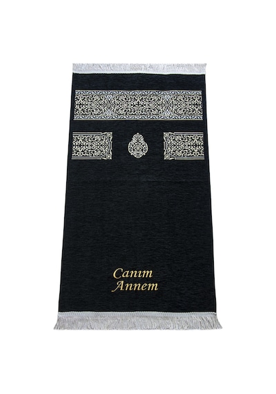 Kişiye Özel Anneler Günü İçin İsim Nakışlı Kabe Desenli Şönil Seccade Siyah