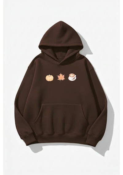 Uyguntarz Unisex Yumuşak Dokulu Pumpkin Cozy Vibes Baskılı Tasarım Oversize 3 İplik Hoodie Sweatshirt Kahverengi