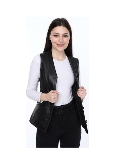 Deriwork Hakiki Deri Siyah Tiago Düğmeli Kadın Deri Yelek Siyah
