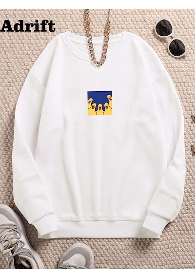 Ördek Renkli Oversize Bisiklet Yaka Pamuklu Sweatshirt Beyaz Beyaz