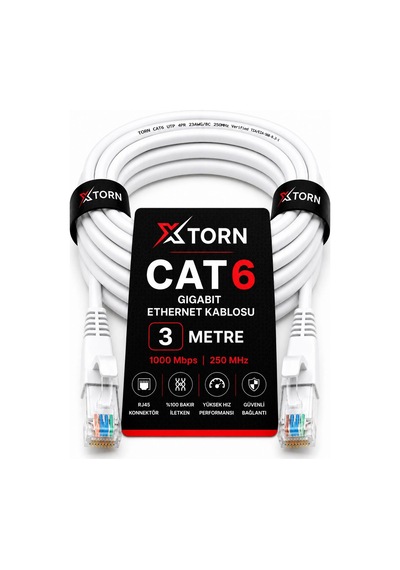 Torn Cat6 Ethernet Kablosu 3 Metre Rj45 Lan İnternet Modem Router Bilgisayar Kablosu