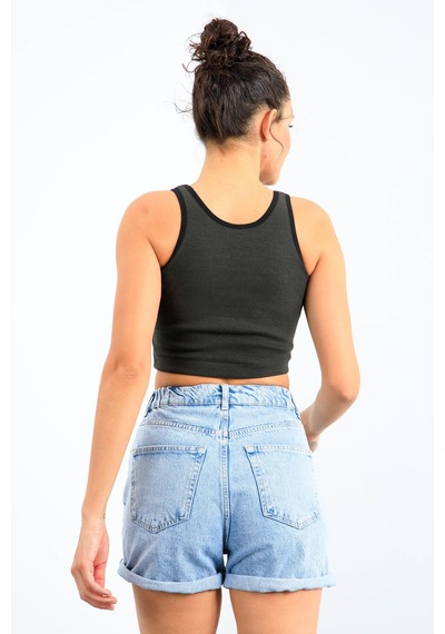 Tommy Life Haki Basic Sıfır Kol Dar Kalıp U Yaka Kadın Crop Top Atlet - 97162 Haki