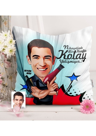 Kişiye Özel Bay Kuaför Karikatürlü Saten Yastık - 1