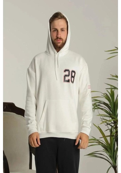 Erkek Sırt Baskılı Oversize Üç İplik Kapüşonlu Sweatshirt - Beyaz 001