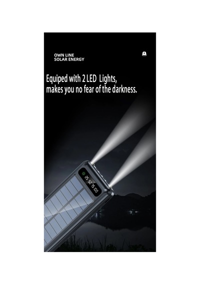 20000 Mah Solar Powerbank Güneş Enerjili Usb Çıkışlı Kablolu Led Işıklı Taşınabilir Şarj siyah