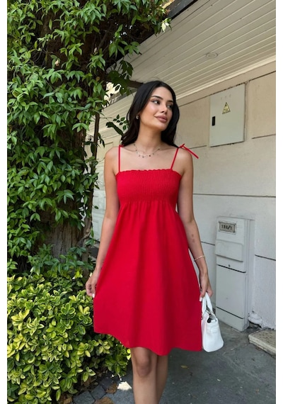 Pastelastore Kısa Pamuklu Yaz Elbisesi Askısı Bağlamalı Astarsız Kırmızı