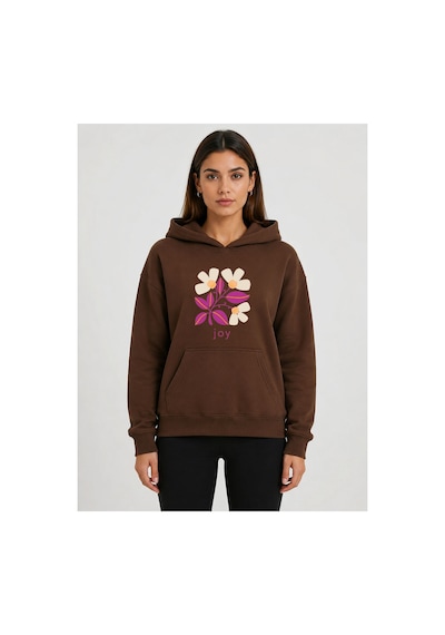 Herkesemoda Joy Çiçek Baskılı Kapüşonlu 2 İplik Şardonlu Sweatshirt Kahverengi