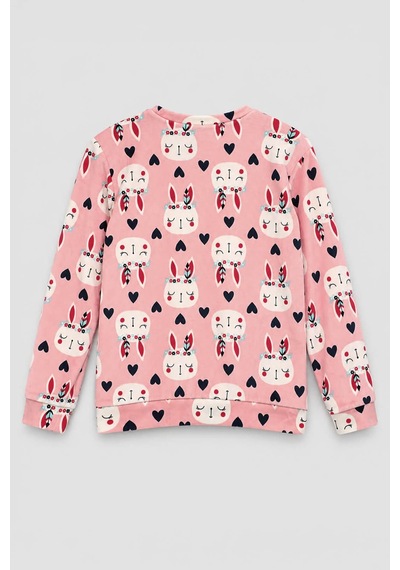 Markapia Kız Çocuk Tavşan Desenli Yumuşak Kadife Dokulu Pijama Üstü Pembe