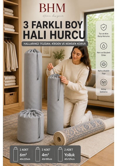 6 Adet Halı Hurcu Seti Büzgülü Halı Saklama Çantası Toz Ve Neme Karşı Koruyucu Gri