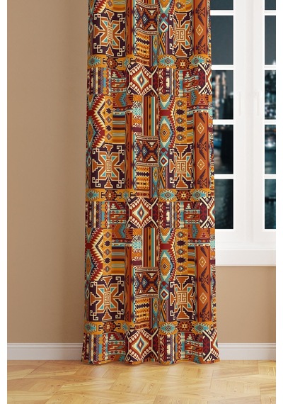 Etnik Kilim Desenli Süet Oturma Odası Salon Fon Perde Baskılı Ekstrafor Büzgü Tek Kanat Prd-1019 Çok Renkli
