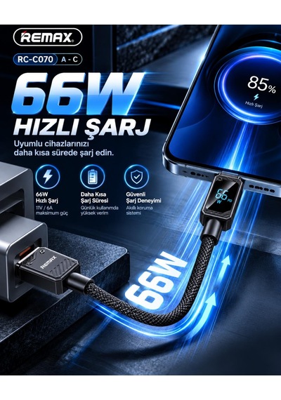 Remax Suxien Serisi Rc-c070-s 66w Akıllı Dijital Ekranlı Usb-a To Type-c Hızlı Şarj Ve Data Kablosu 1.2 Metre Siyah