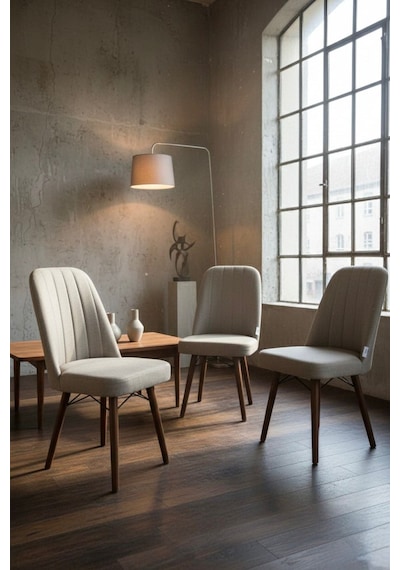 Nora 3 Adet Sandalye - Keten Kumaşlı Sandalye Modern Ahşap Ayaklı Yemek & Çalışma Sandalyesi Minimal Tasarım Krem