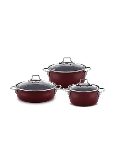 Bonera Emaye Vintage Güveç 6 Parça Tencere Seti 16-20-22 Cm Vişne Rengi Bordo