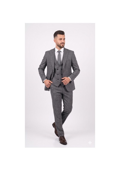 Modmen Erkek İtalyan Kesim Yelekli Takım Elbise Beyaz Desenli Gri