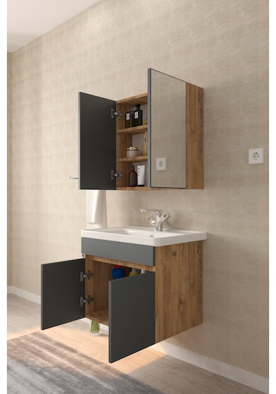 Makbulce Tokyo 65cm Seramik Lavabolu Mdf Aynalı Banyo Dolabı Atlantik Çam - Antrasit Gri Makbulce Tokyo 65cm Seramik Lavabolu Mdf Aynalı Banyo Dolabı Atlantik Çam - Antrasit Gri