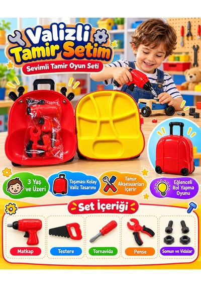 Oyuncak Çekçek Valizli Aksesuarlı Makyaj Doktor Tamir Set Taşınabilir Tekerlekli Renkli Çantalı Bavul Güzellik Eğitici Meslek Seti 50x25 Cm Çok Renklii