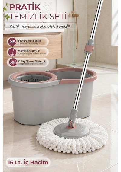 16lt. 360 Döner Başlıklı Temizlik Seti - Mikrofiber Mop Ve Kolay Sıkma Sistemi
