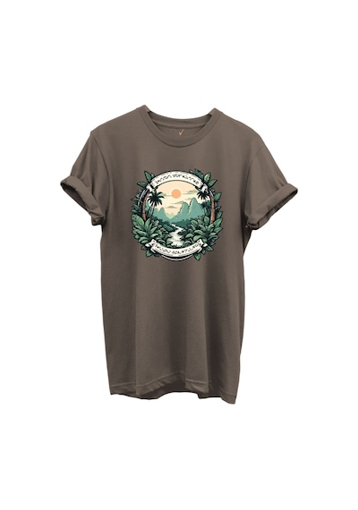 Tropikal Orman Ve Dağ Manzaralı Hunting Doğa Temalı %100 Pamuk Regular Fit Unisex T-shirt Kahverengi
