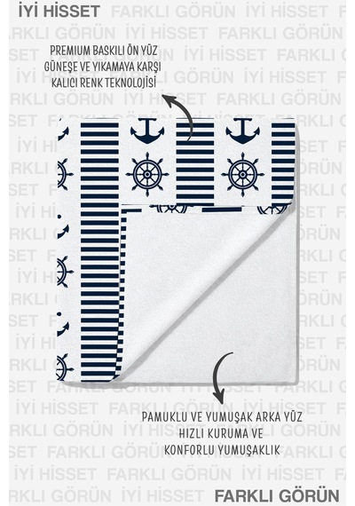 Çapa Dümen Marine Plaj Havlu Örtüsu - Lacivert Beyaz Çizgili Nautical Kum Tutmayan Havlu Örtü Gölgeli Gölgesi