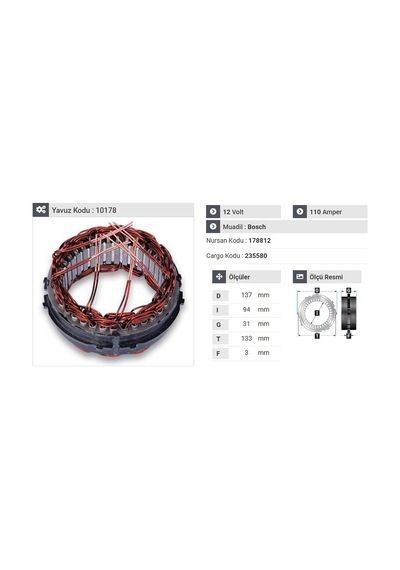 12v Alternatör Statör Bosch  Tipi 110 A 6 Uçlu-tırnaklı N11.380