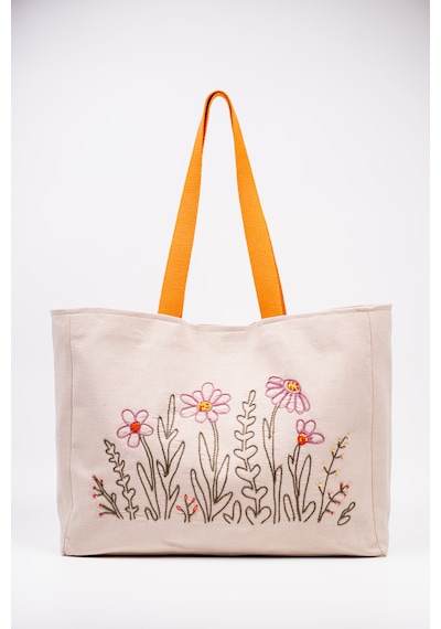 Fabric Craft Bag Omuz Çanta Nakışlı Keten Karışımlı Kumaş Tote Çanta Kahverengi - Turuncu