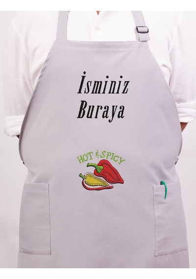 Mutfak Önlüğü Kişiye Ve İsme Özel Nakışlı Mutfak Önlüğü Biber02 Farklı Renkler Gri