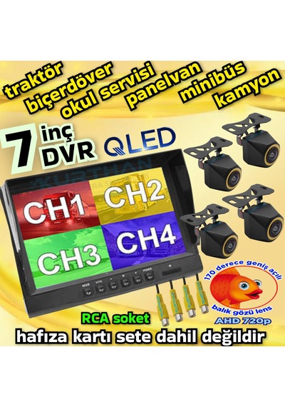 4 Adet 4x3 Cm. Ahd 720p 170 Derece Balık Gözü Lens Kamera 7 İnç 256 Gb Qled Dvr Monitör Seti 12 V