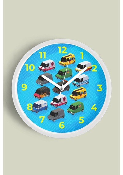 Renkli Minibüs Çizimli Modern Çocuk Odası Duvar Saati - 25cm - Önü Camlı Beyaz Kasa-jh0786 Beyaz