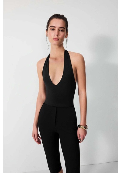 Vatkalı Derin V Yaka Bodysuit-16646 Siyah