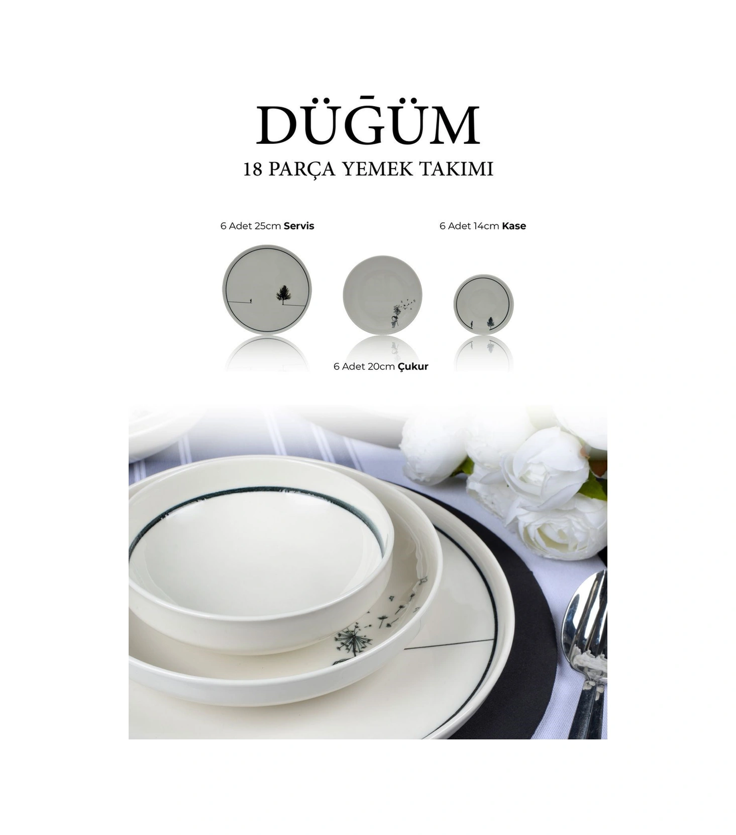 Düğüm 18 Parça 6 Kişilik Porselen Yemek Takımı Çok Renkli