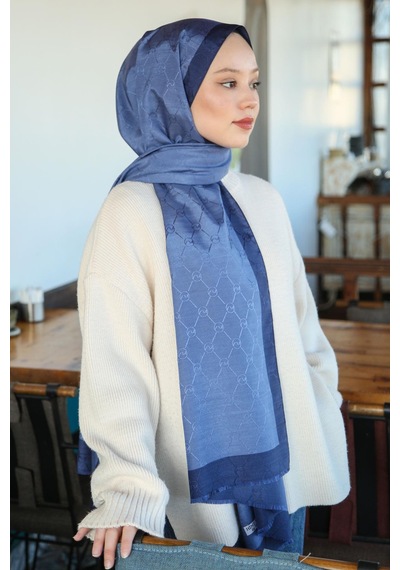 Premium Lux Original Monogram Şal İpek Vual, Yüksek Kalite, Hafif, Rahat, Şık, Tesettür, Shawl Mavi Lacivert Şeritli