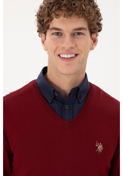 U.S. Polo Assn. Erkek Slim Fit V Yaka Bordo Basic Kazak 50288885-VR014