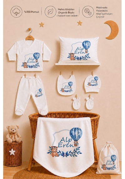 Pia Baby Erkek Bebek Hastane Çıkışı 12 Parça %100 Pamuk İsme Özel Organik Baskılı Kese Hediyeli 100911k0x Ekru