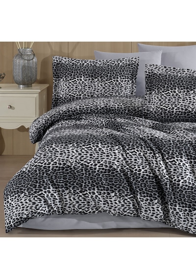 Çift Kişilik Leopar Desen Nevresim Takımı 200x220 4 Yastık Kılıfı Lastikli Çarşaflı 160x200+30 Gri