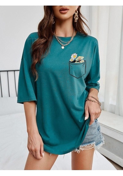 Cep Detay Baskılı T-shirt - Petrol Yeşili Oversize Bisiklet Yaka Kısa Kol Petrol Yeşili