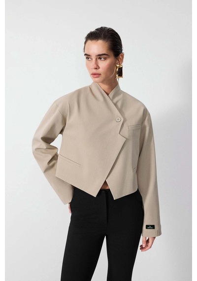 Vatkalı Diagonal Crop Blazer Ceket-20435 Bej