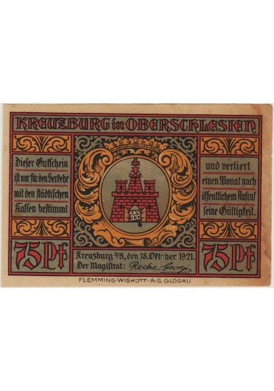 Almanya 75 Pfennig 1921 Notgeld-kreuzburg-yukarı Silezya. Çil -