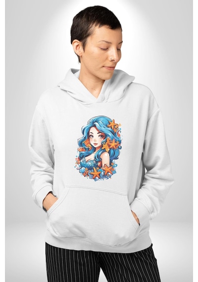 Deniz Kızı Deniz Yıldızı Mavi Saçlı Kadın Erkek Beyaz Kapüşonlu Sweatshirt Hoodie Beyaz
