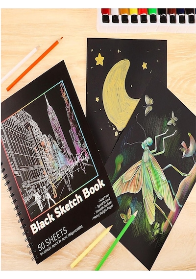 Telli Siyah Defter A5 40 Yaprak Eskiz Fotoğraf Albümü Simli Bant Sarı Beyaz Kurşun Jel Kalem Sigi Kalemtarş Hamur Silgi
